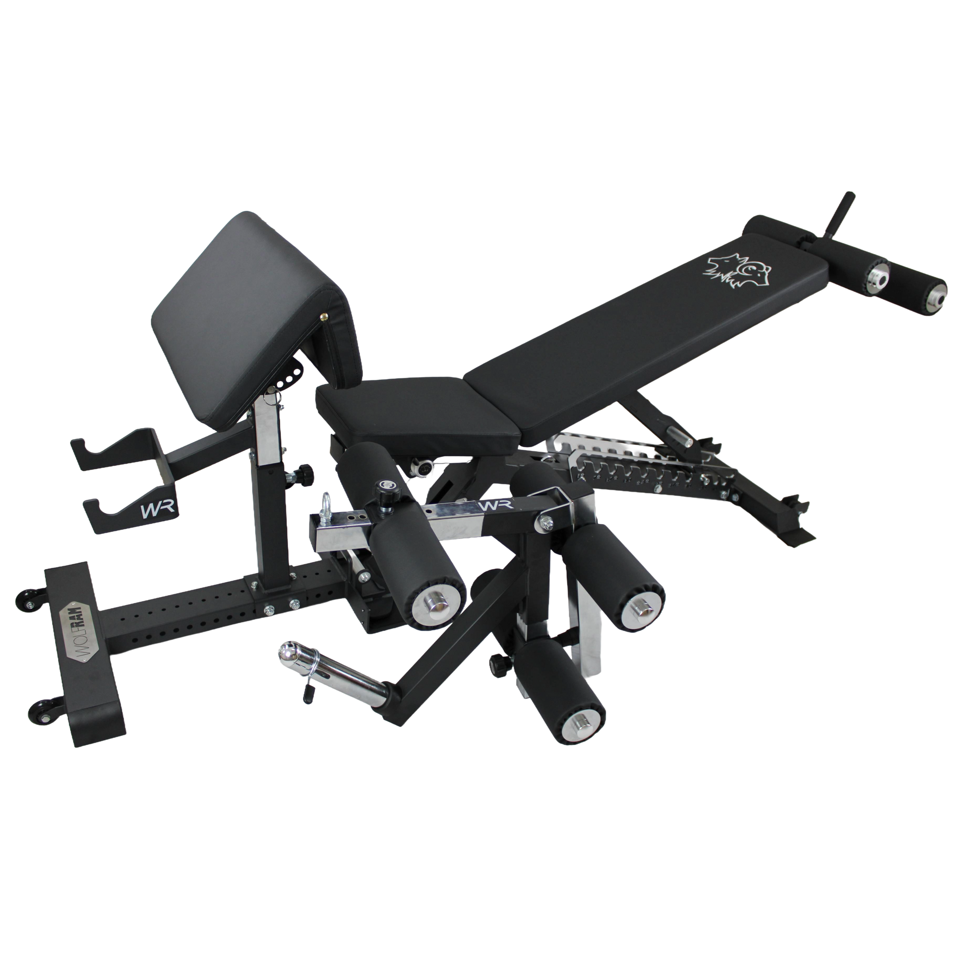 Wolfram Fitness no-gap adjustable bench displayed with the full attachment set, including the leg hold-down, preacher bench, and leg curl/extension component mounted on its stand.