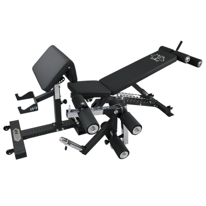 Wolfram Fitness no-gap adjustable bench displayed with the full attachment set, including the leg hold-down, preacher bench, and leg curl/extension component mounted on its stand.