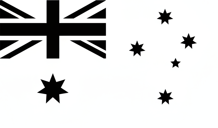 Create a black silhouette flat-vector icon in a consistent minimalist style. No background. No gradients. No shading. Sharp edges, equal line weight, simple geometric shapes, premium and modern aesthetic. 1:1 square canvas. All icons must match perfectly in style, size, and proportions. Create a black silhouette flat-vector icon of the Australian flag simplified into a clean geometric silhouette. Remove fine details like stars or make them minimal to keep silhouette readable. No background.