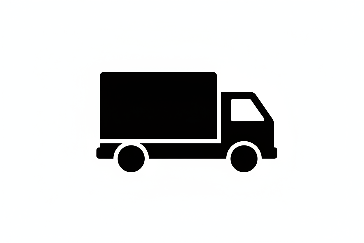Create a black silhouette flat-vector icon in a consistent minimalist style. No background. No gradients. No shading. Sharp edges, equal line weight, simple geometric shapes, premium and modern aesthetic. 1:1 square canvas. All icons must match perfectly in style, size, and proportions.Create a black silhouette flat-vector icon of a minimalist delivery truck symbolizing fast and reliable shipping. No background.