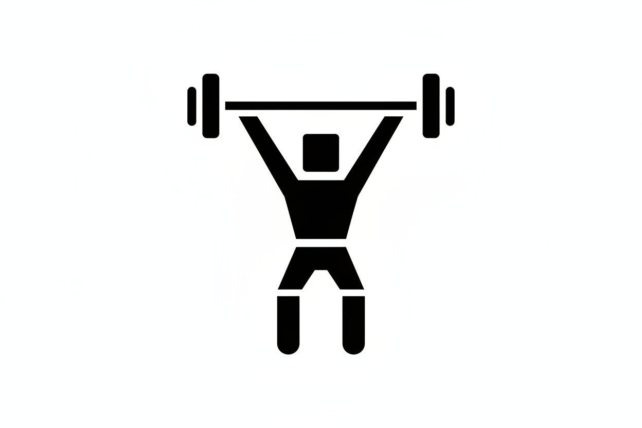 Create a black silhouette flat-vector icon in a consistent minimalist style. No background. No gradients. No shading. Sharp edges, equal line weight, simple geometric shapes, premium and modern aesthetic. 1:1 square canvas. All icons must match perfectly in style, size, and proportions. Make an olympic weightlifter