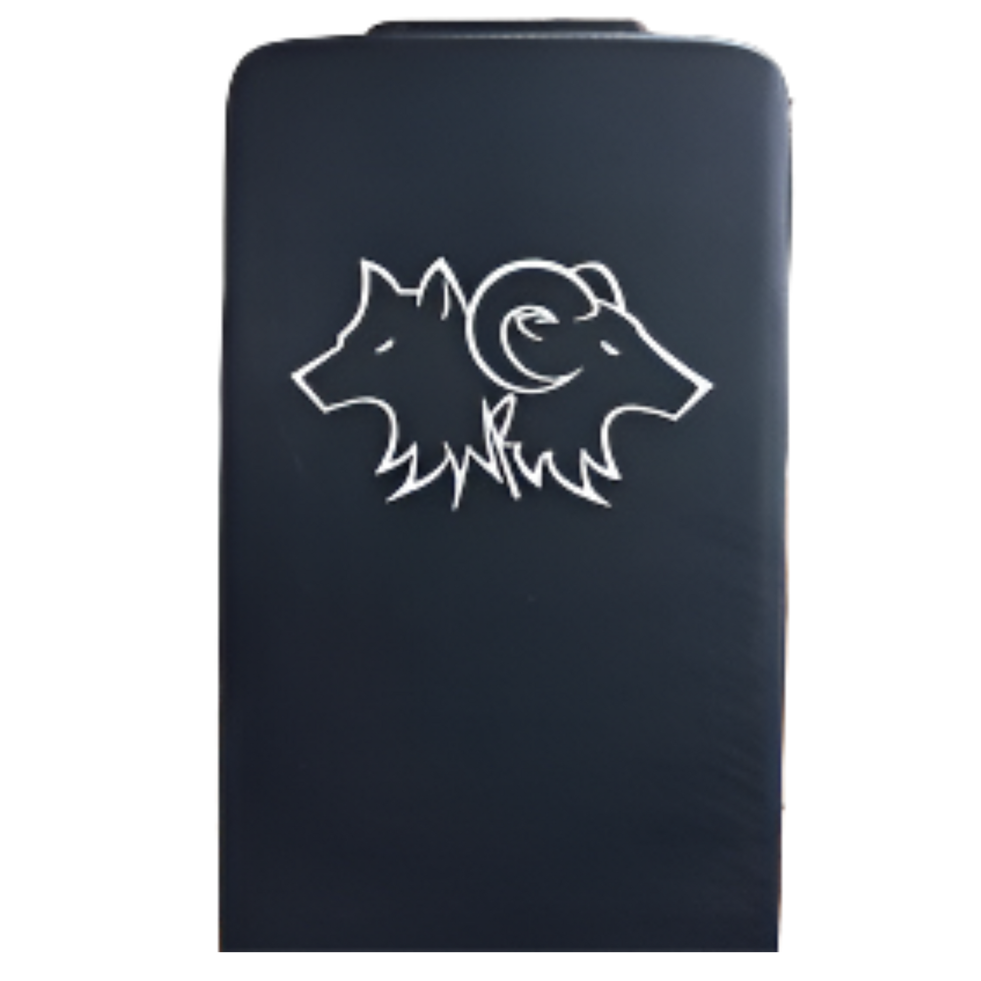 Close-up view of the embroidered Wolfram Fitness head logo stitched onto the bench padding, showcasing premium detailing and brand craftsmanship.