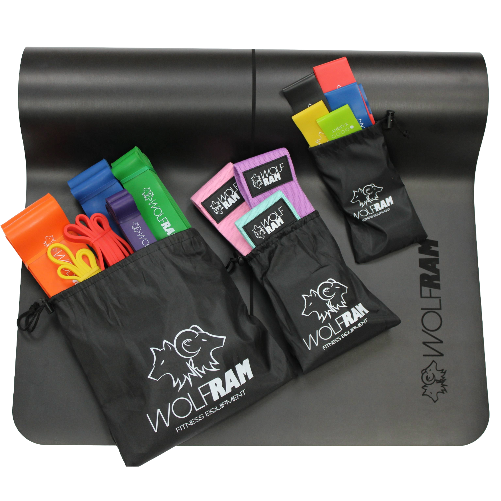 Black Wolfram Fitness yoga mat showing all resistance band sets in their bags, including the 6-piece long resistance bands, 5-piece latex booty bands, and 3-piece knitted bands