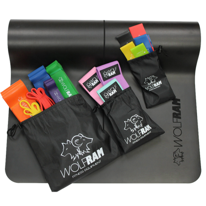 Black Wolfram Fitness yoga mat showing all resistance band sets in their bags, including the 6-piece long resistance bands, 5-piece latex booty bands, and 3-piece knitted bands