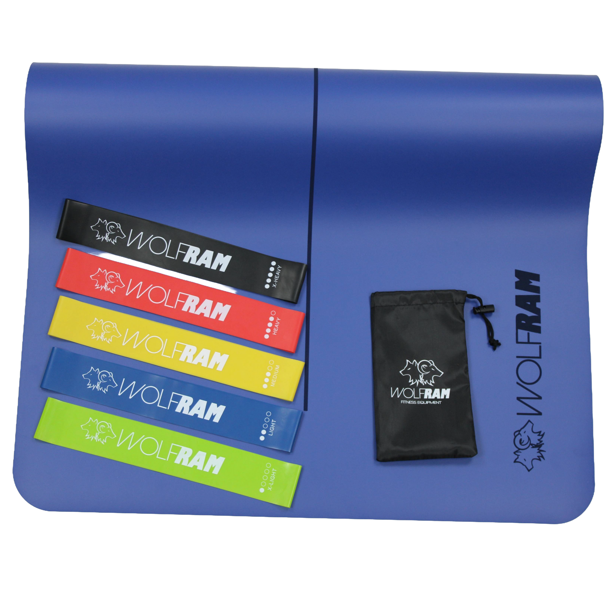 Blue Wolfram Fitness yoga mat with a 5-piece set of latex booty bands in assorted resistance levels, neatly displayed with the carry bag.
