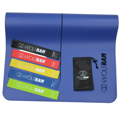 Blue Wolfram Fitness yoga mat with a 5-piece set of latex booty bands in assorted resistance levels, neatly displayed with the carry bag.
