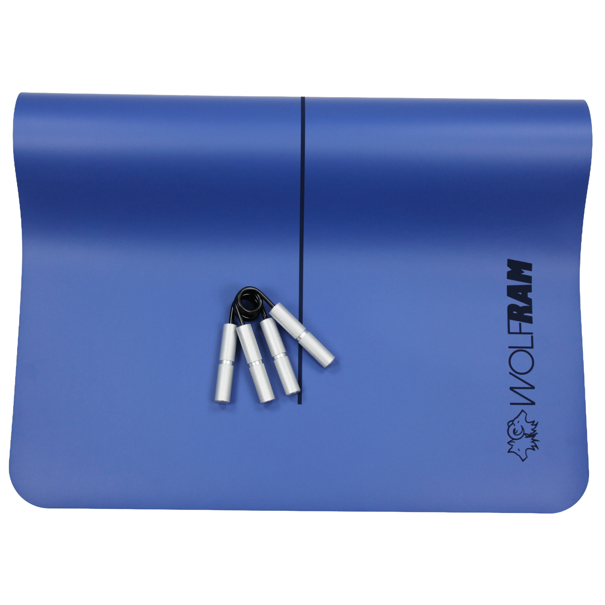Blue Wolfram Fitness yoga mat featuring two silver hand grips neatly placed side by side, ideal for strength and core training