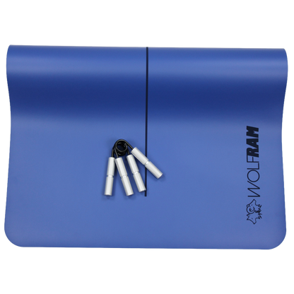 Blue Wolfram Fitness yoga mat featuring two silver hand grips neatly placed side by side, ideal for strength and core training