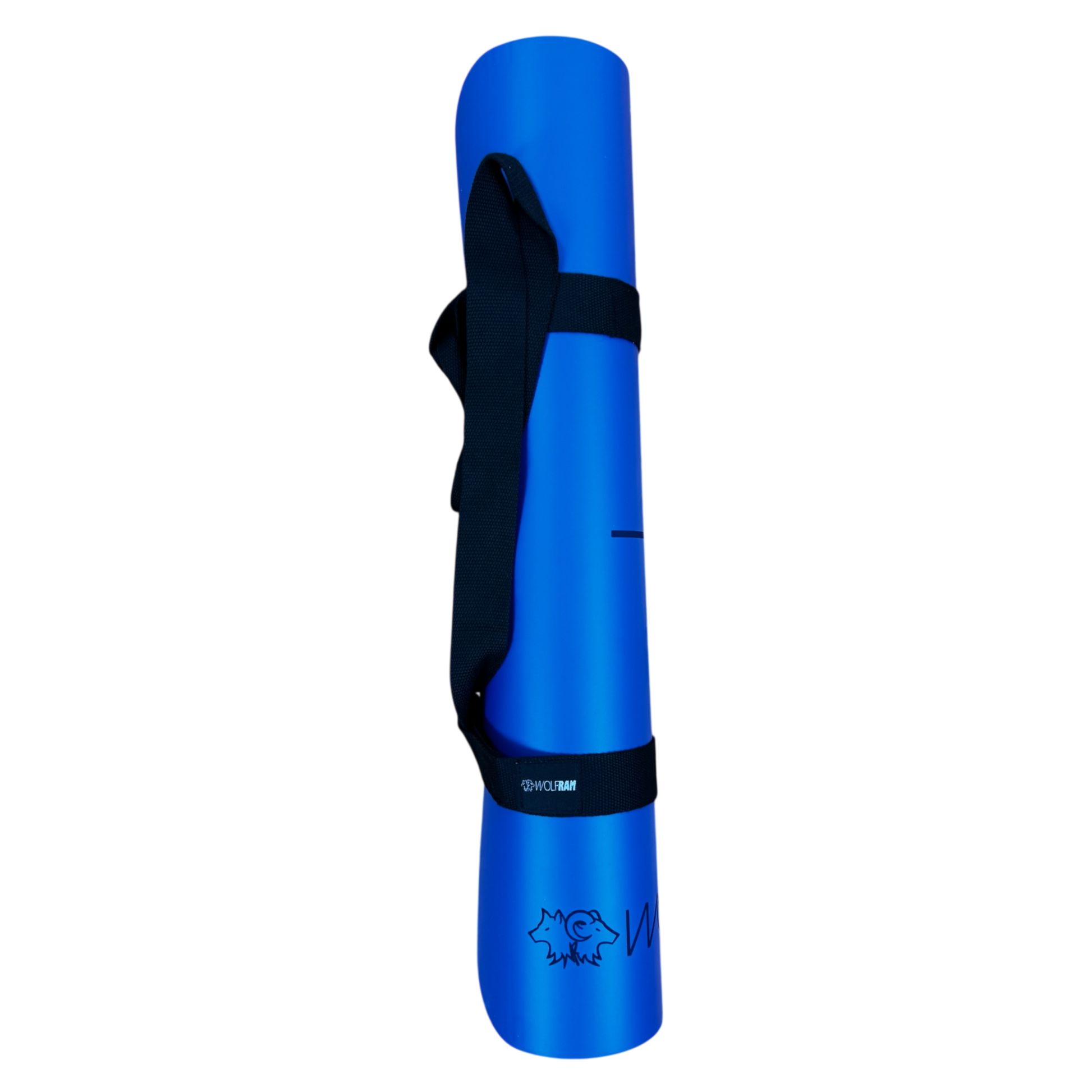 Blue Wolfram Fitness yoga mat featuring an integrated carry handle for easy transport and convenient workout use.