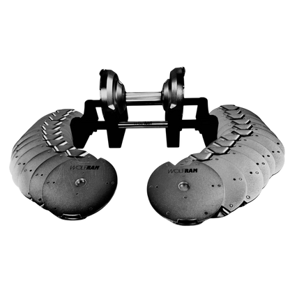 Wolfram Fitness chrome adjustable dumbbell displayed with all weight plates laid out individually, showing the full RAM41 chrome system and loading options.