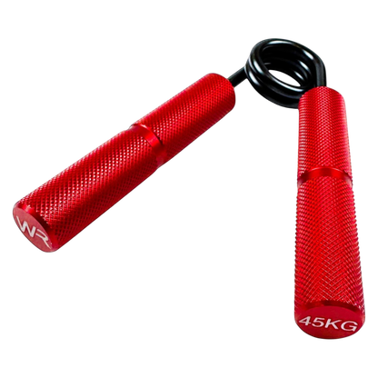 Wolfram Fitness 45kg hand grip with red textured handles designed for forearm and grip strength training.