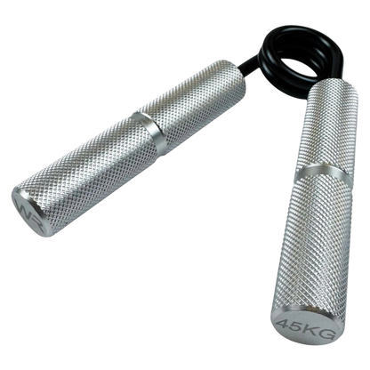 Wolfram Fitness 45kg hand grip with textured silver handles designed to improve grip strength and forearm training