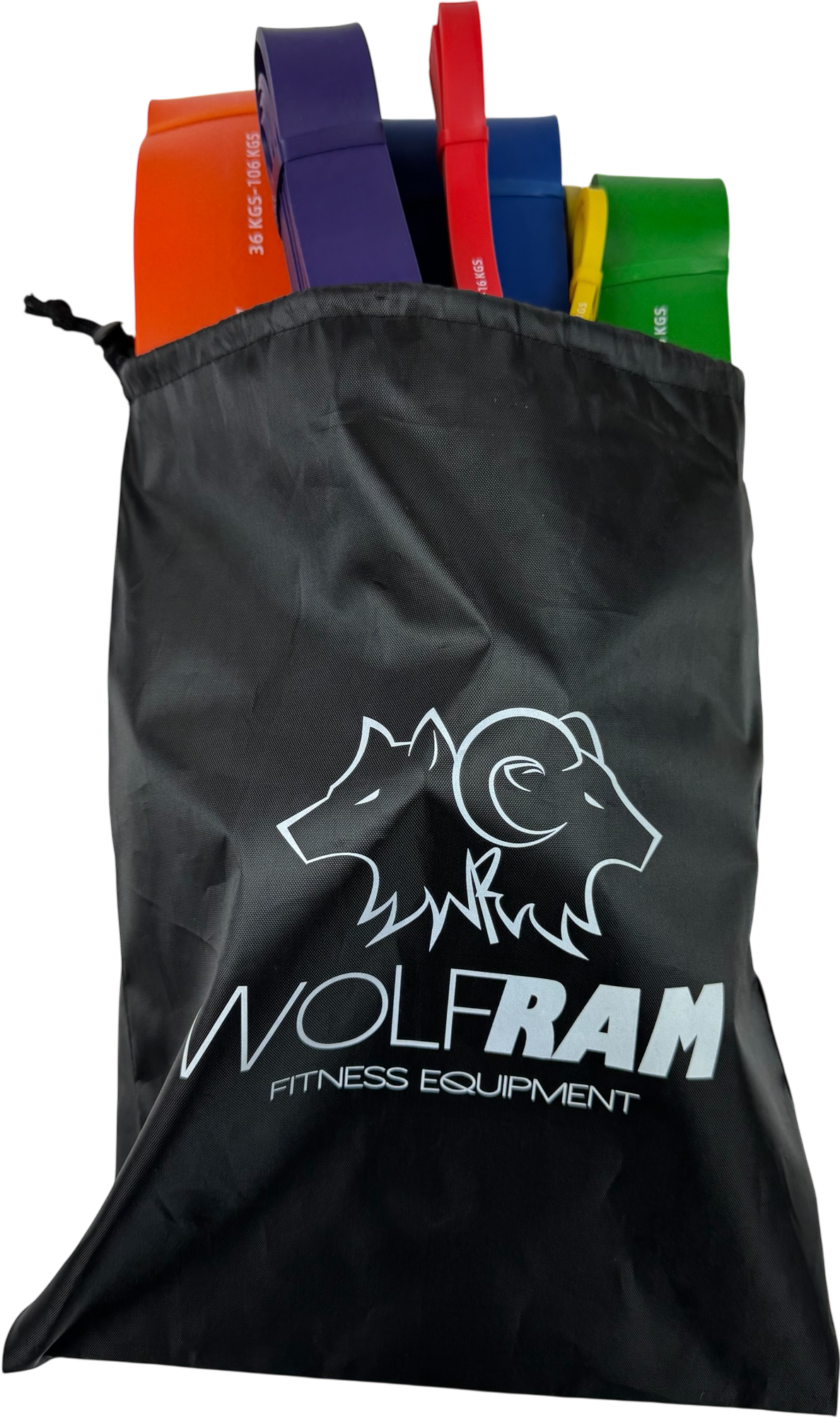 Six-pack Wolfram Fitness resistance bands in varying strengths packed in a portable carry bag for full-body home workouts.