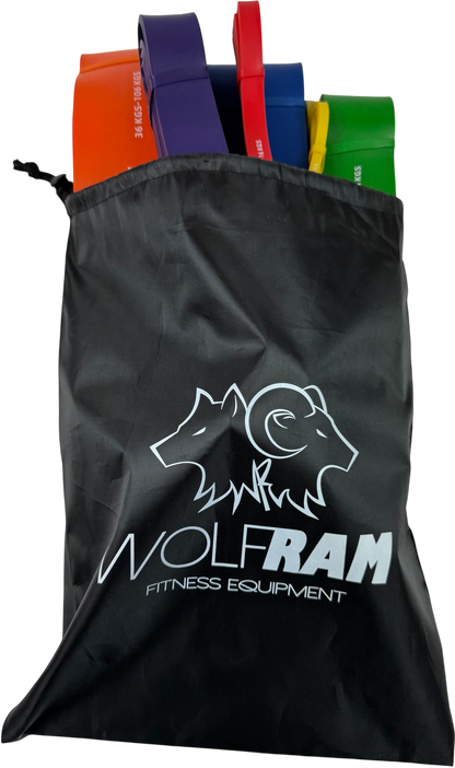 Six-pack Wolfram Fitness resistance bands in varying strengths packed in a portable carry bag for full-body home workouts.