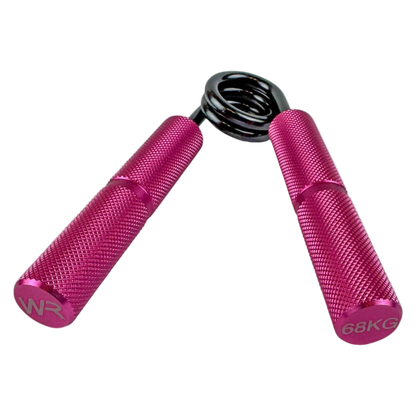 Wolfram Fitness 68kg heavy-resistance hand grip with pink textured handles designed for advanced grip strength and forearm conditioning