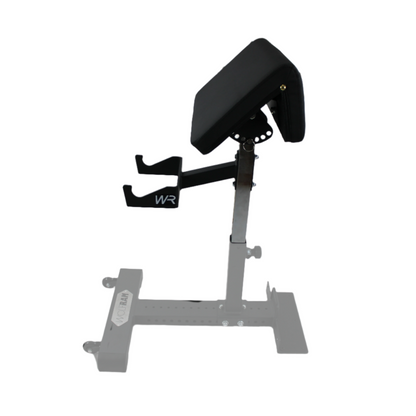 Adjustable Wolfram Fitness preacher bench attachment designed to support controlled bicep curls and upper-arm isolation training