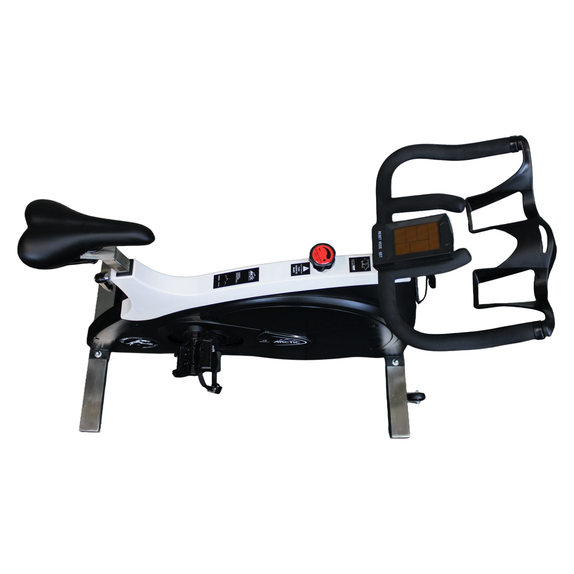 Aerial top-angle view of the Wolfram Fitness Arctic Spin Bike showing the full frame layout for home cardio training