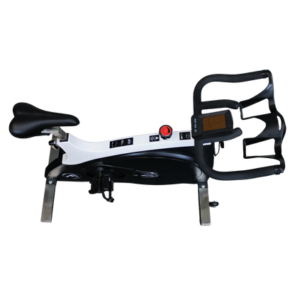 Aerial top-angle view of the Wolfram Fitness Arctic Spin Bike showing the full frame layout for home cardio training