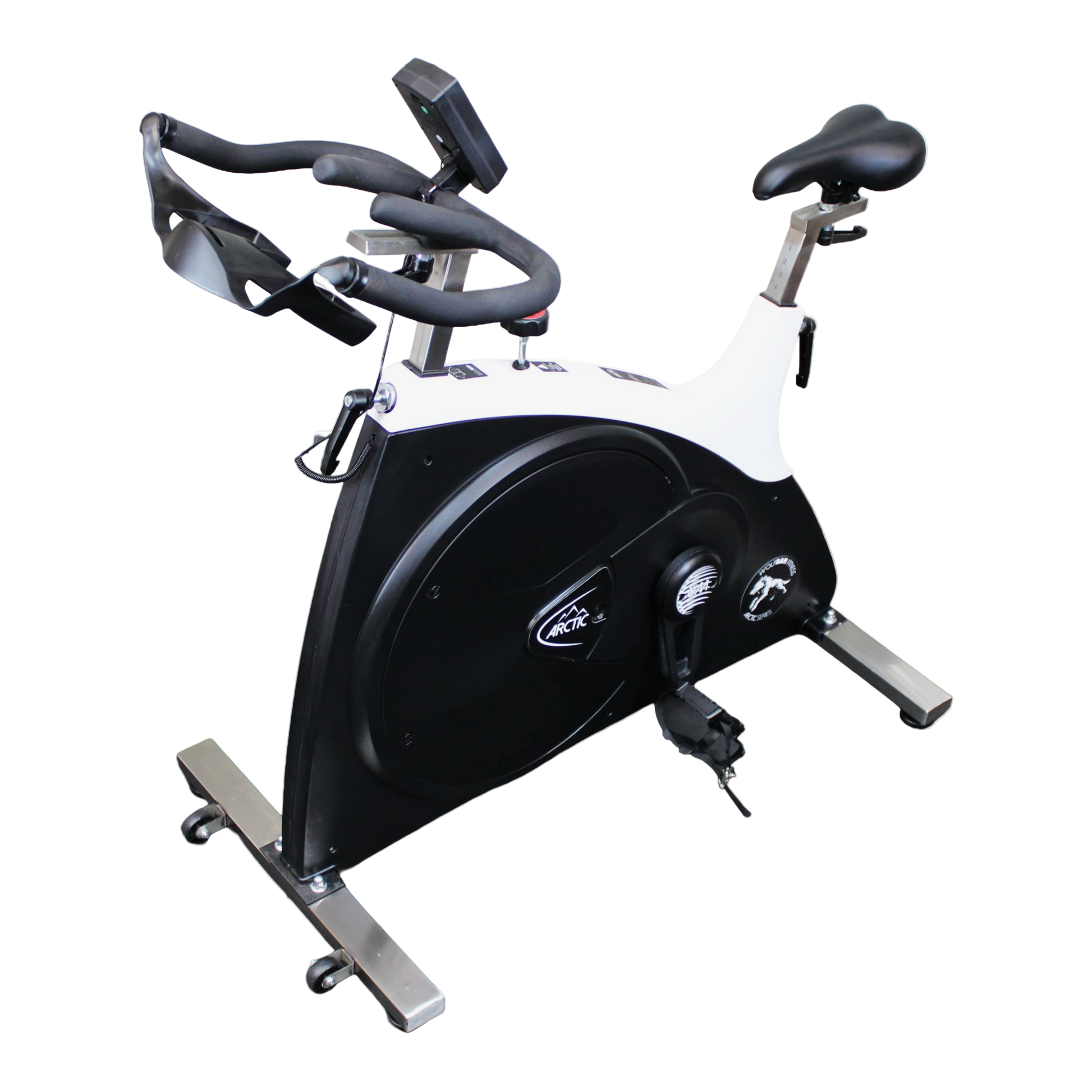 Front-left angled view of the Wolfram Fitness Arctic Spin Bike, showcasing the aerodynamic frame and ergonomic design for home cycling workouts