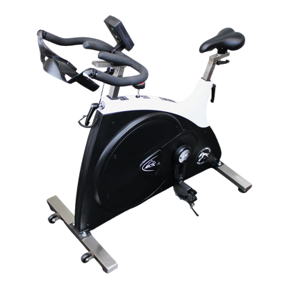Front-left angled view of the Wolfram Fitness Arctic Spin Bike, showcasing the aerodynamic frame and ergonomic design for home cycling workouts