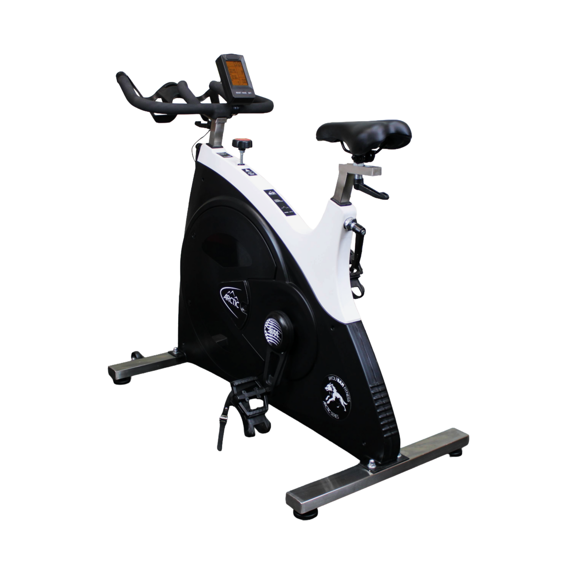 Left-side full view of the Wolfram Fitness Arctic Spin Bike, showing its sturdy frame and premium design for home and studio cardio training