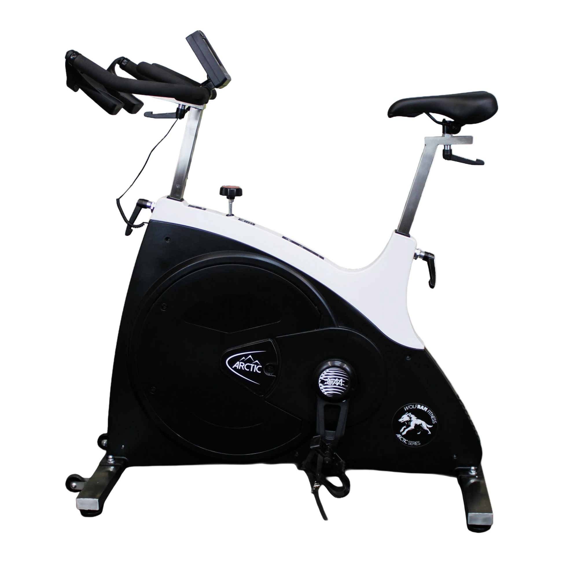 Left-side view of the Wolfram Fitness Arctic Spin Bike showing adjustable seat height and handlebar height for customised home cycling workouts