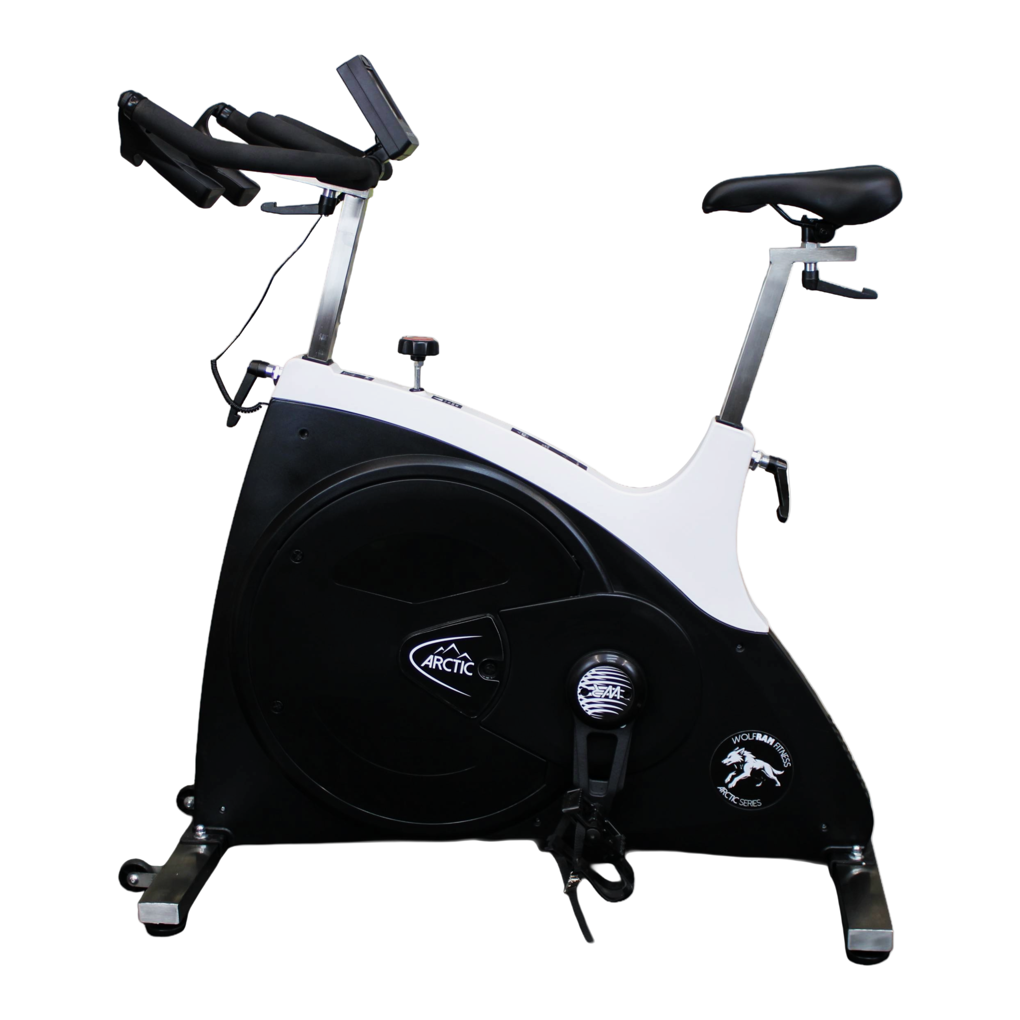 Left-side view of the Wolfram Fitness Arctic Spin Bike showing adjustable seat height and handlebar height for customised home cycling workouts