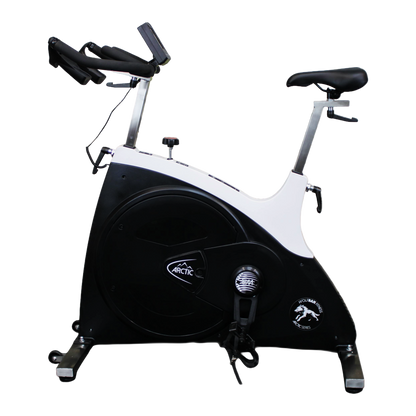 Left-side view of the Wolfram Fitness Arctic Spin Bike showing adjustable seat height and handlebar height for customised home cycling workouts