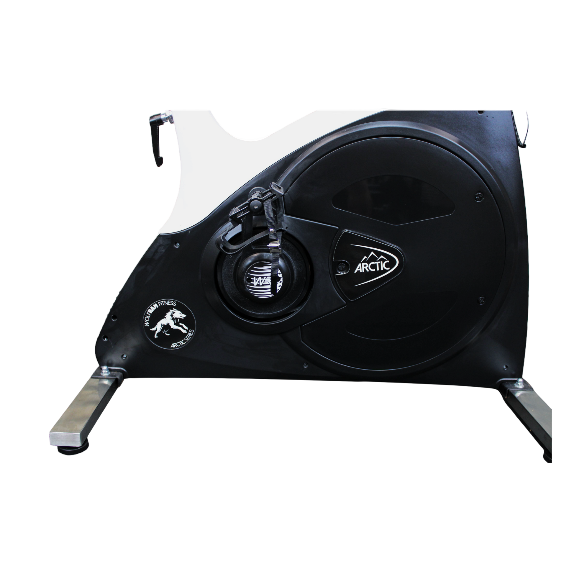 Right-side view of the Wolfram Fitness Arctic Spin Bike showing the protective cover that encloses the 22kg flywheel for a smooth and safe ride