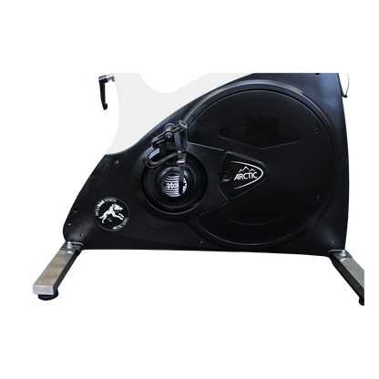 Right-side view of the Wolfram Fitness Arctic Spin Bike showing the protective cover that encloses the 22kg flywheel for a smooth and safe ride