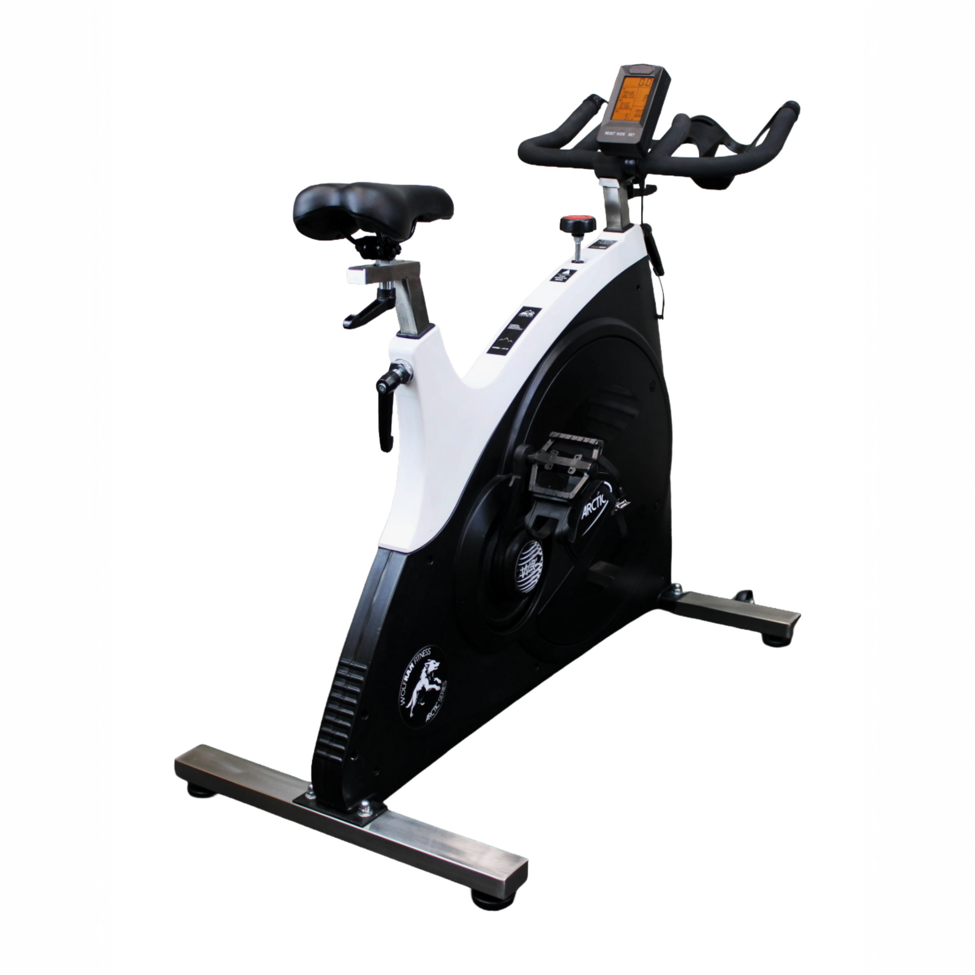 Right-side full view of the Wolfram Fitness Arctic Spin Bike, highlighting the robust frame and smooth-drive system designed for home cardio training