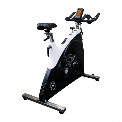 Right-side full view of the Wolfram Fitness Arctic Spin Bike, highlighting the robust frame and smooth-drive system designed for home cardio training