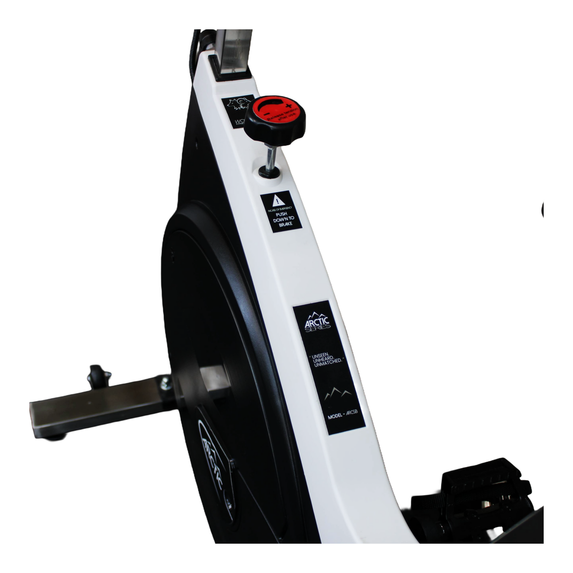Top view of the Wolfram Fitness Arctic Spin Bike showing the emergency brake and tension knob, with right turn to increase resistance, left turn to decrease, and push-down safety brake for home cycling workouts.
