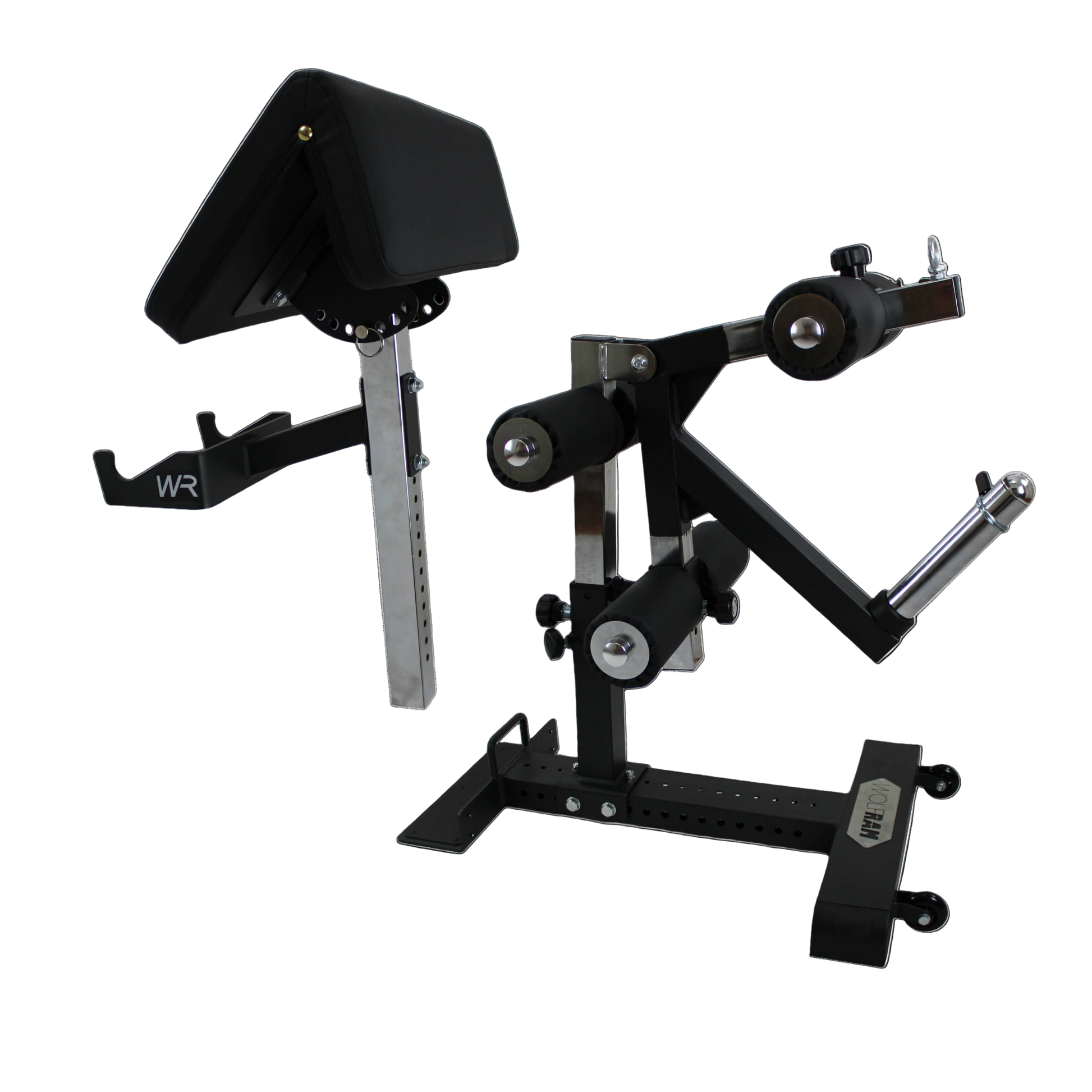 Wolfram Fitness bench attachment system featuring a sturdy base with leg extension, leg curl and preacher curl attachments for full lower-body and arm training