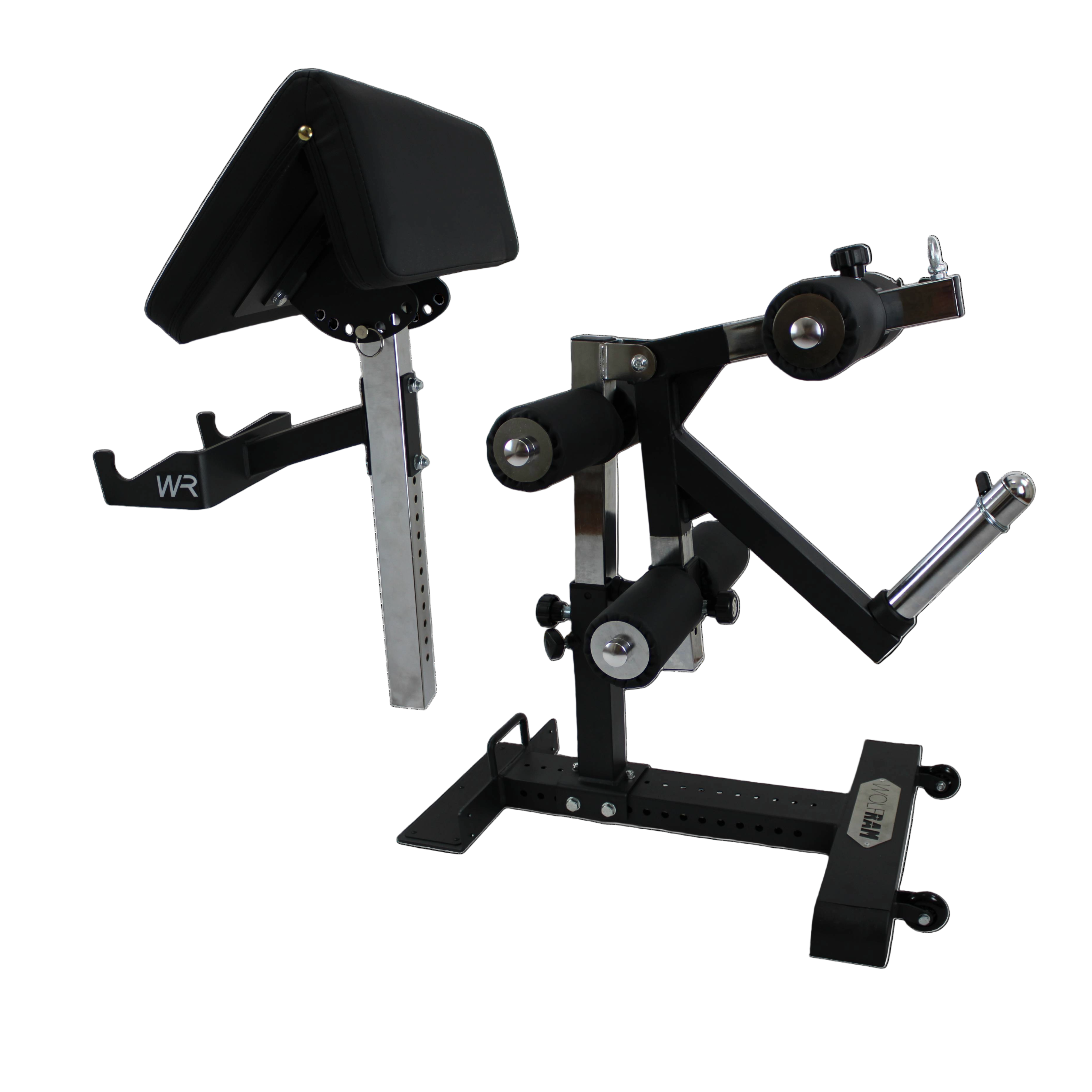 Wolfram Fitness bench attachment system featuring a sturdy base with leg extension, leg curl and preacher curl attachments for full lower-body and arm training