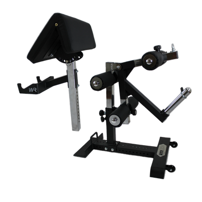 Wolfram Fitness bench attachment system featuring a sturdy base with leg extension, leg curl and preacher curl attachments for full lower-body and arm training