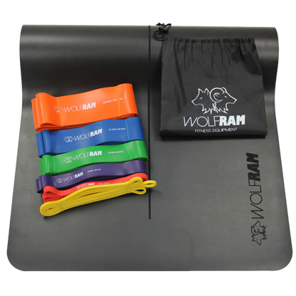 Wolfram Fitness black yoga mat paired with the 6-piece resistance band set and carry bag, offering a complete kit for stretching, mobility work and full-body resistance training