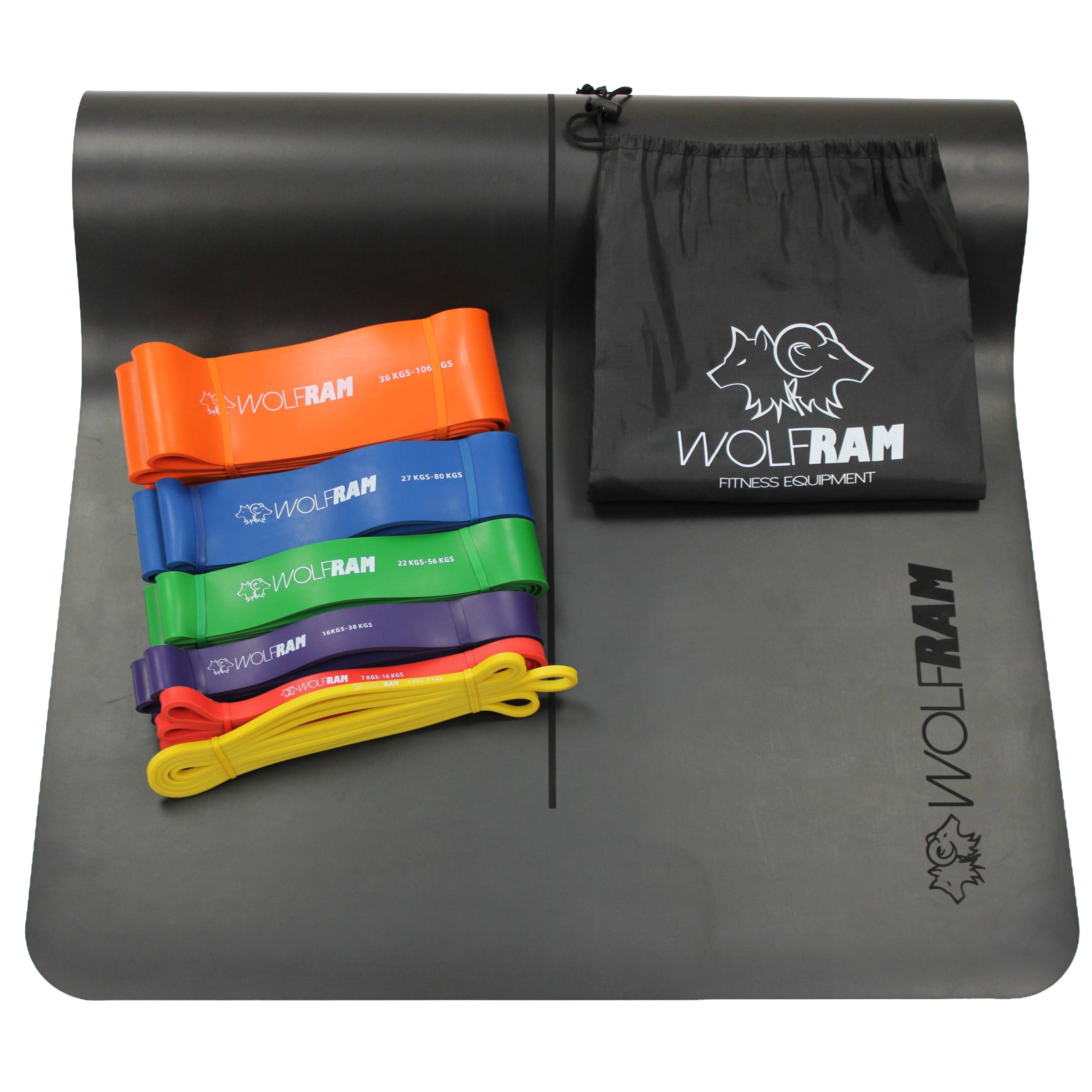 Wolfram Fitness black yoga mat paired with the 6-piece resistance band set and carry bag, offering a complete kit for stretching, mobility work and full-body resistance training