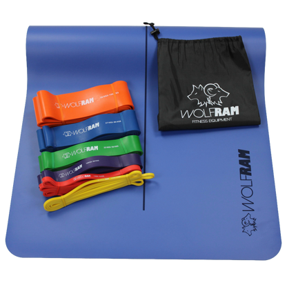 Wolfram Fitness blue yoga mat shown with the 6-piece resistance band set and carry bag, providing a complete training kit for stretching, mobility and full-body resistance workouts