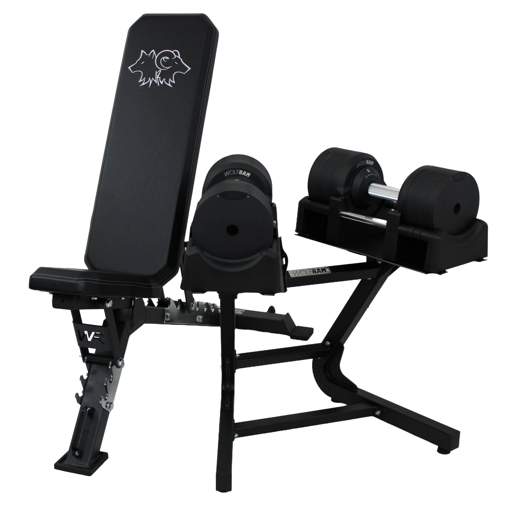 Wolfram Fitness FID adjustable bench paired with RAM41B 41.5kg black dumbbells, showing a heavy-duty workout bench designed for flat, incline and decline training.