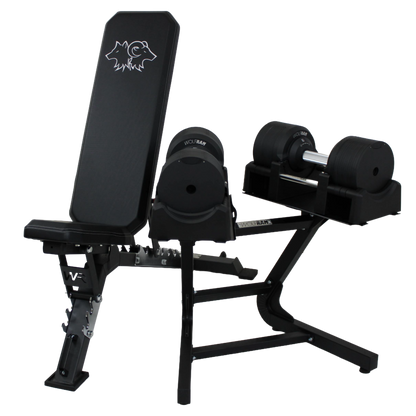 Wolfram Fitness FID adjustable bench paired with RAM41B 41.5kg black dumbbells, showing a heavy-duty workout bench designed for flat, incline and decline training.