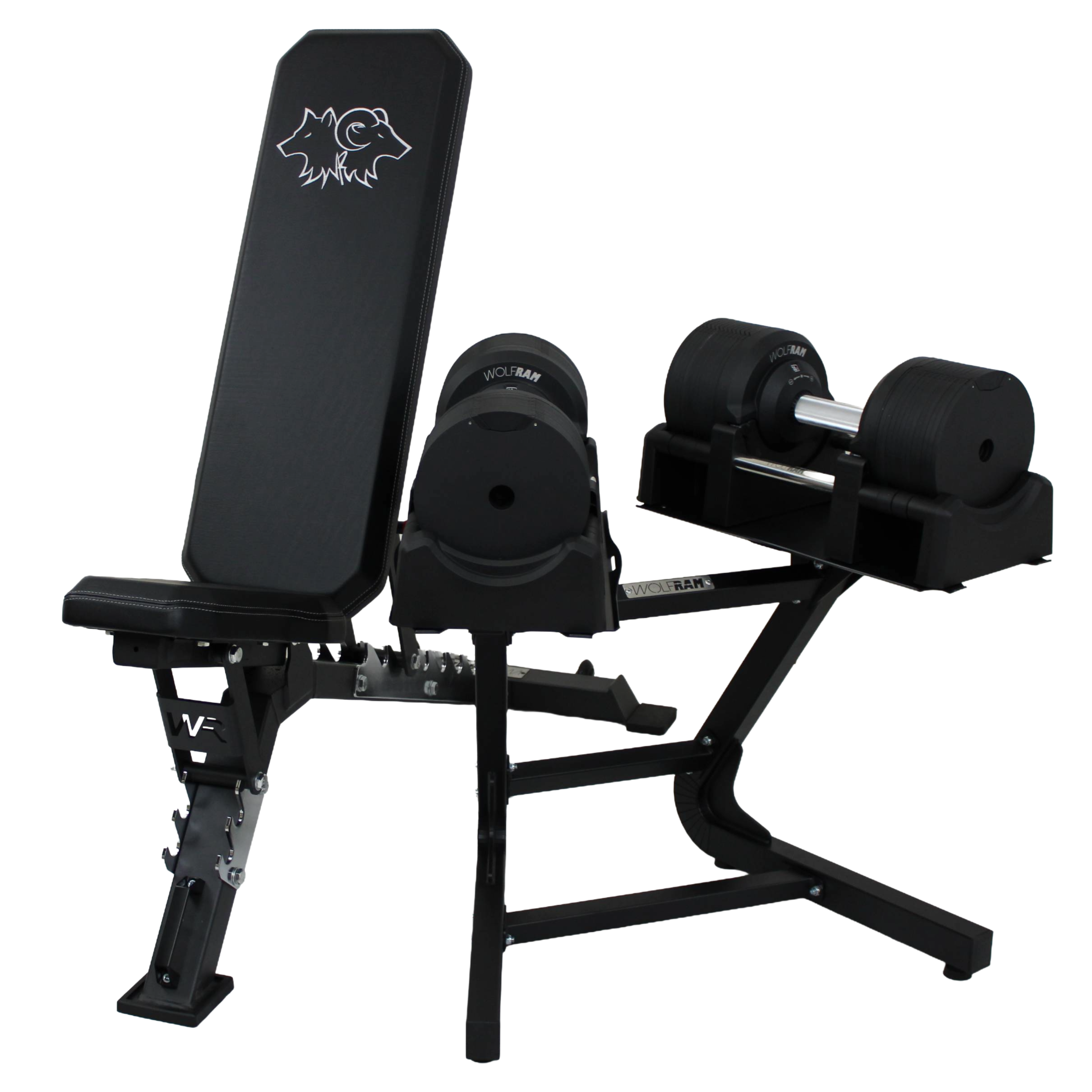 Wolfram Fitness FID adjustable bench paired with RAM41B 41.5kg black dumbbells, showing a heavy-duty workout bench designed for flat, incline and decline training.