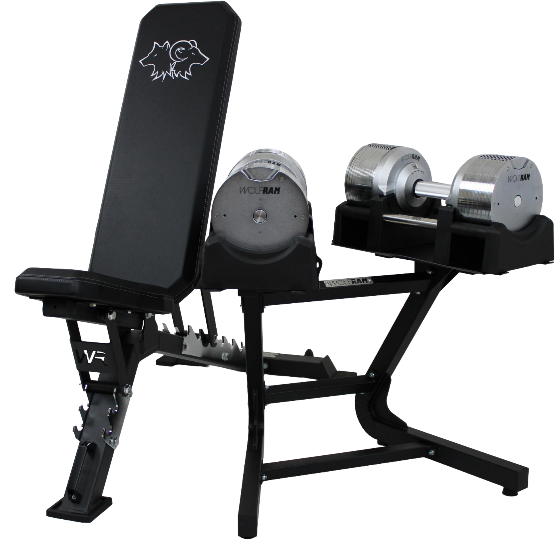 Wolfram Fitness FID adjustable bench with RAM41C 41.5kg chrome dumbbells, showcasing the heavy-duty flat, incline and decline bench paired with premium chrome dumbbells