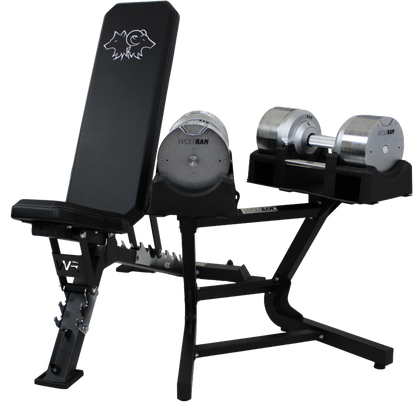 Wolfram Fitness FID adjustable bench with RAM41C 41.5kg chrome dumbbells, showcasing the heavy-duty flat, incline and decline bench paired with premium chrome dumbbells