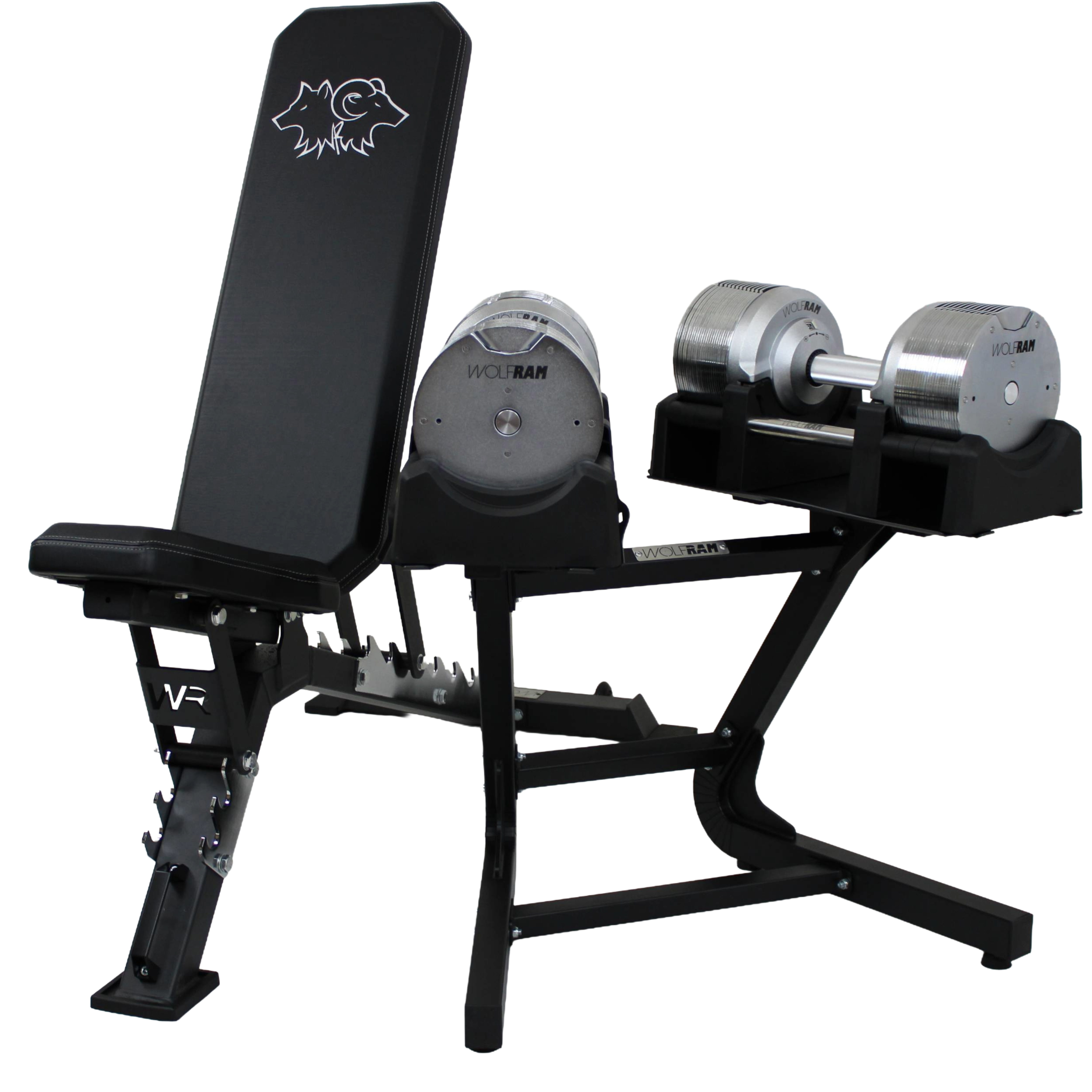 Wolfram Fitness FID adjustable bench with RAM41C 41.5kg chrome dumbbells, showcasing the heavy-duty flat, incline and decline bench paired with premium chrome dumbbells