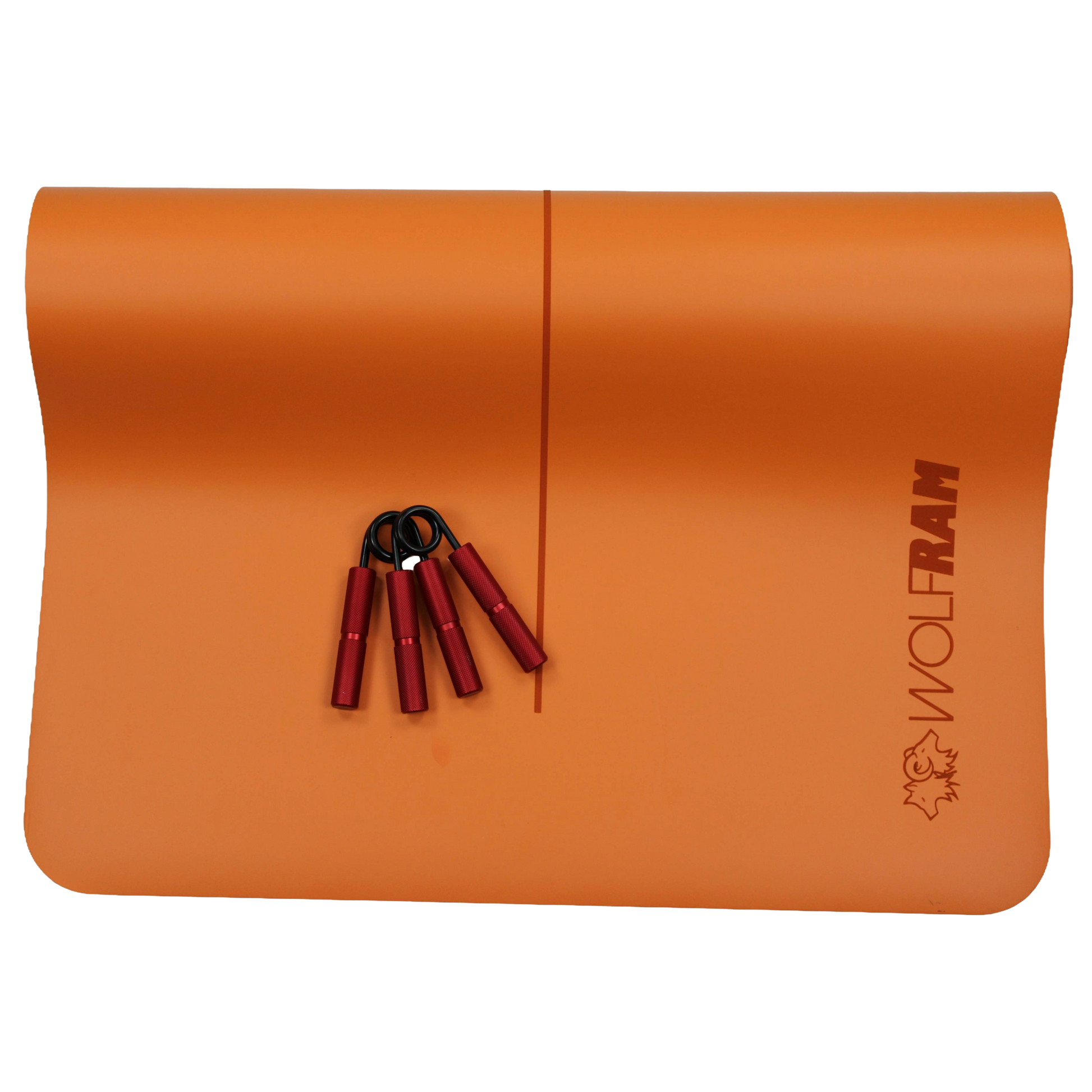 Wolfram Fitness orange yoga mat with two red heavy-resistance hand grips ideal for advanced forearm and grip strength exercises