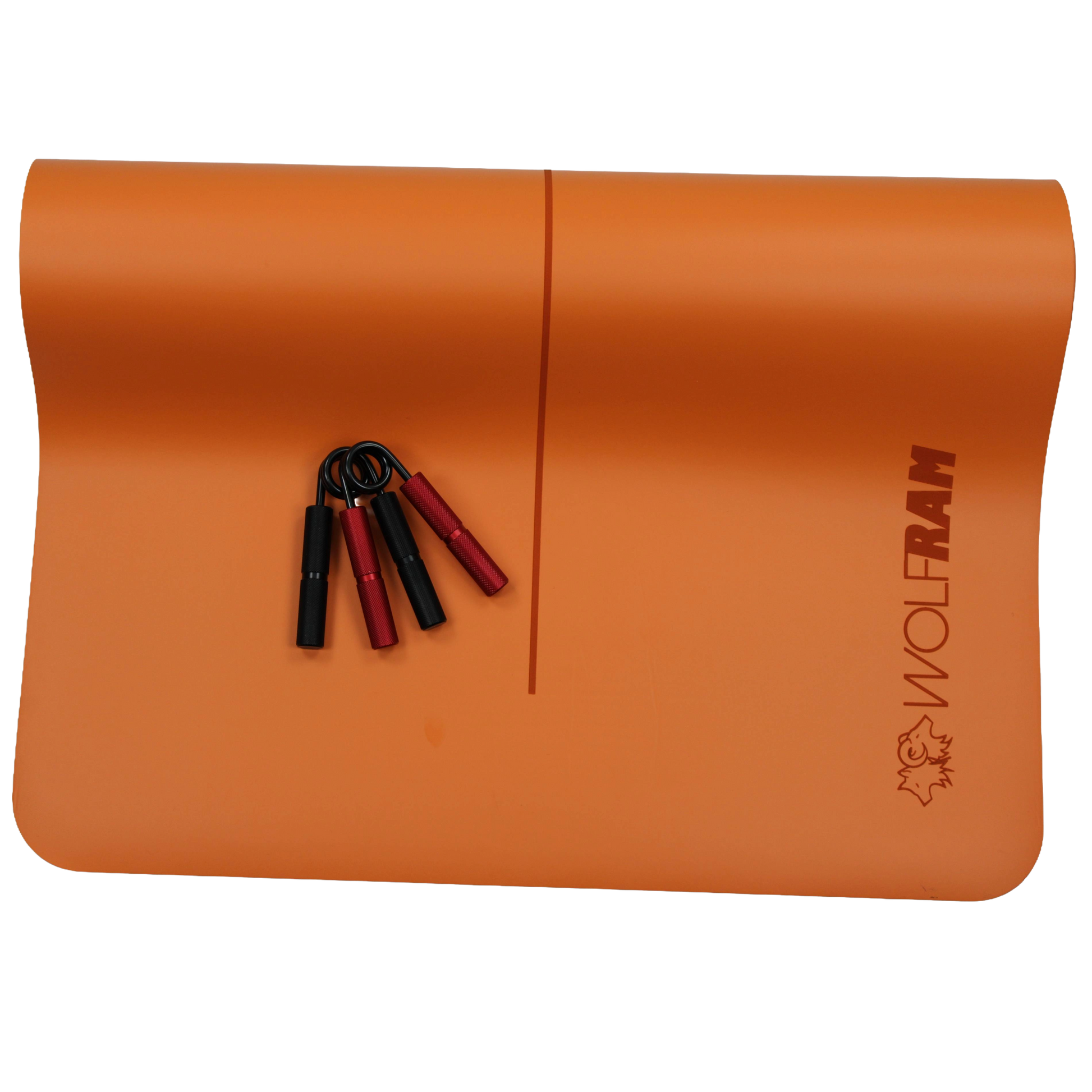 Orange Wolfram Fitness yoga mat featuring one red and one black heavy-resistance hand grip for advanced grip and strength training