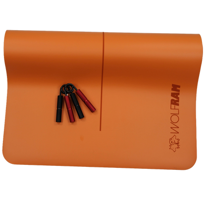 Orange Wolfram Fitness yoga mat featuring one red and one black heavy-resistance hand grip for advanced grip and strength training