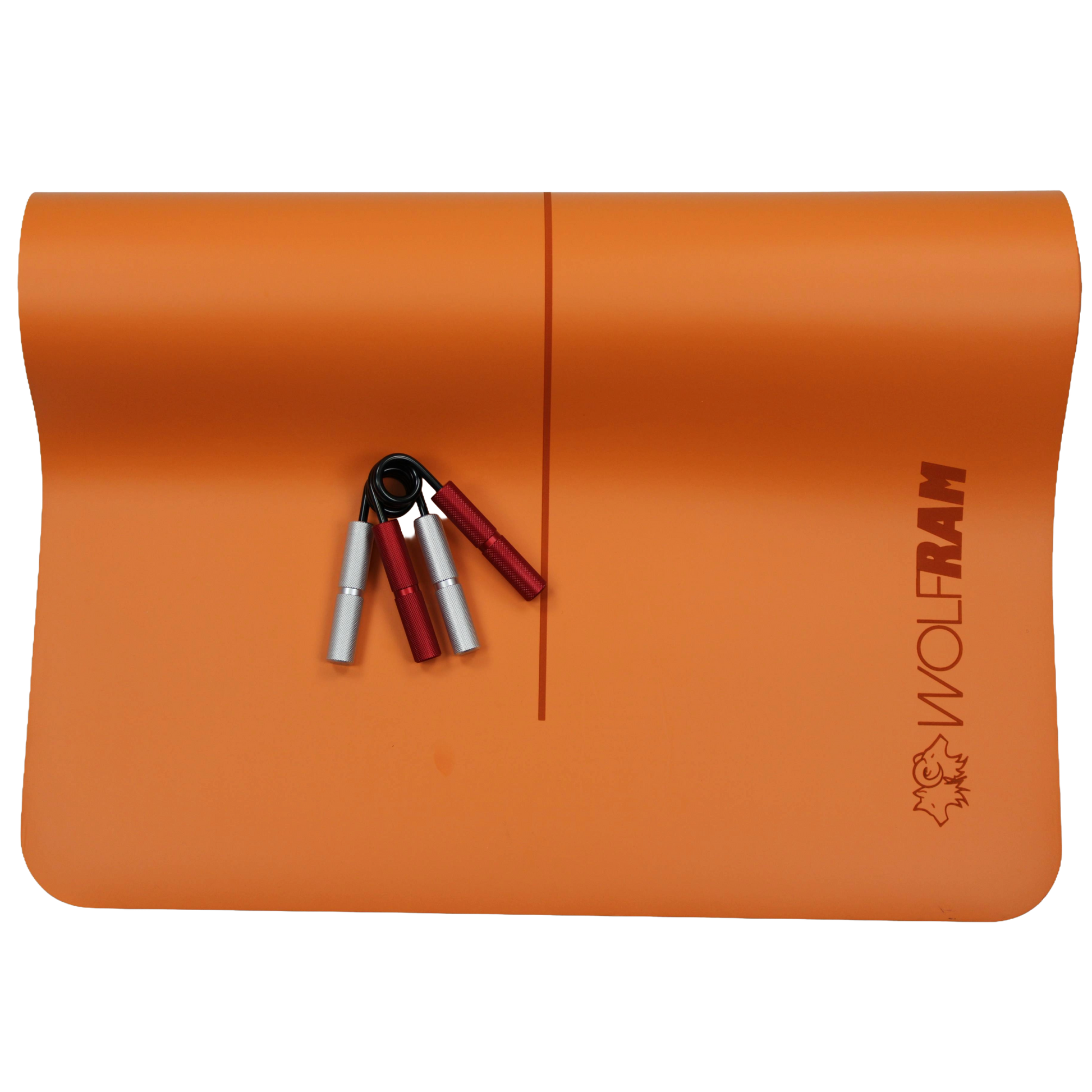 Orange Wolfram Fitness yoga mat showing one red and one silver hand grip, demonstrating different resistance levels for grip strengthening