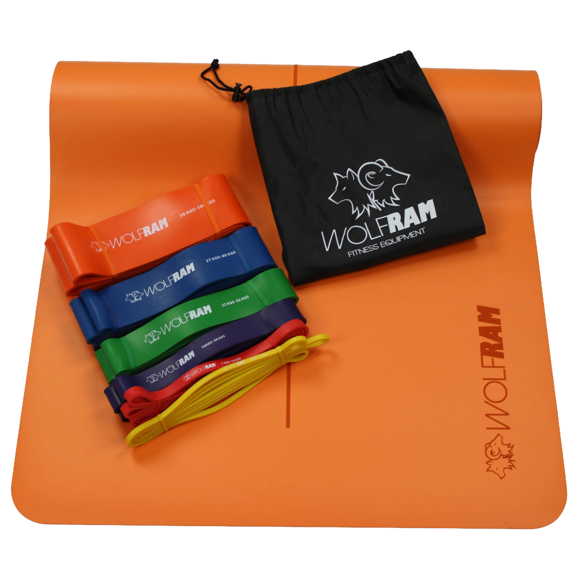 Wolfram Fitness orange yoga mat displayed with the 6-piece resistance band set and carry bag, creating a complete bundle for stretching, mobility work and full-body resistance training